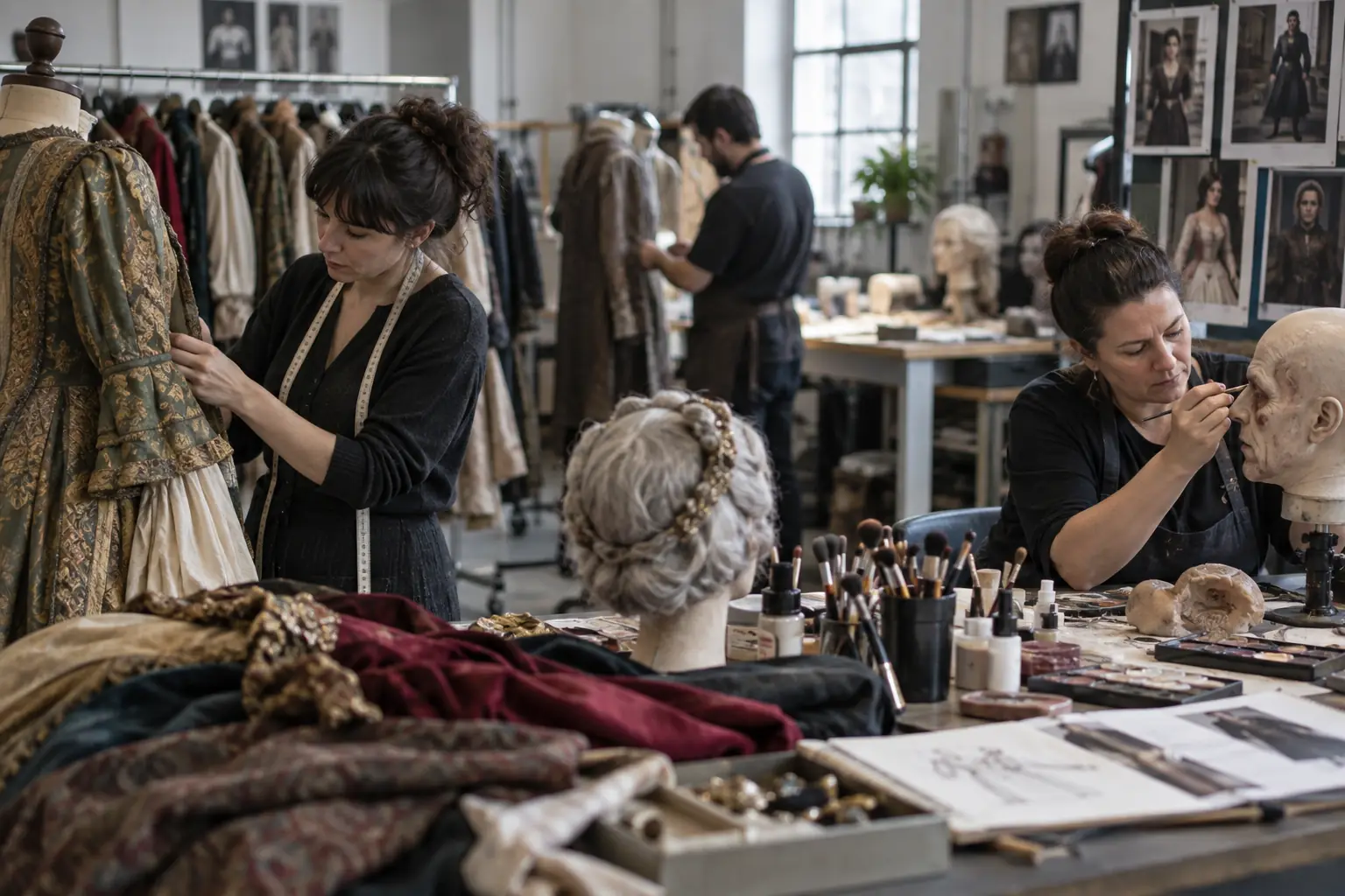 Professionnelles préparant costumes et maquillage dans les coulisses d’un tournage