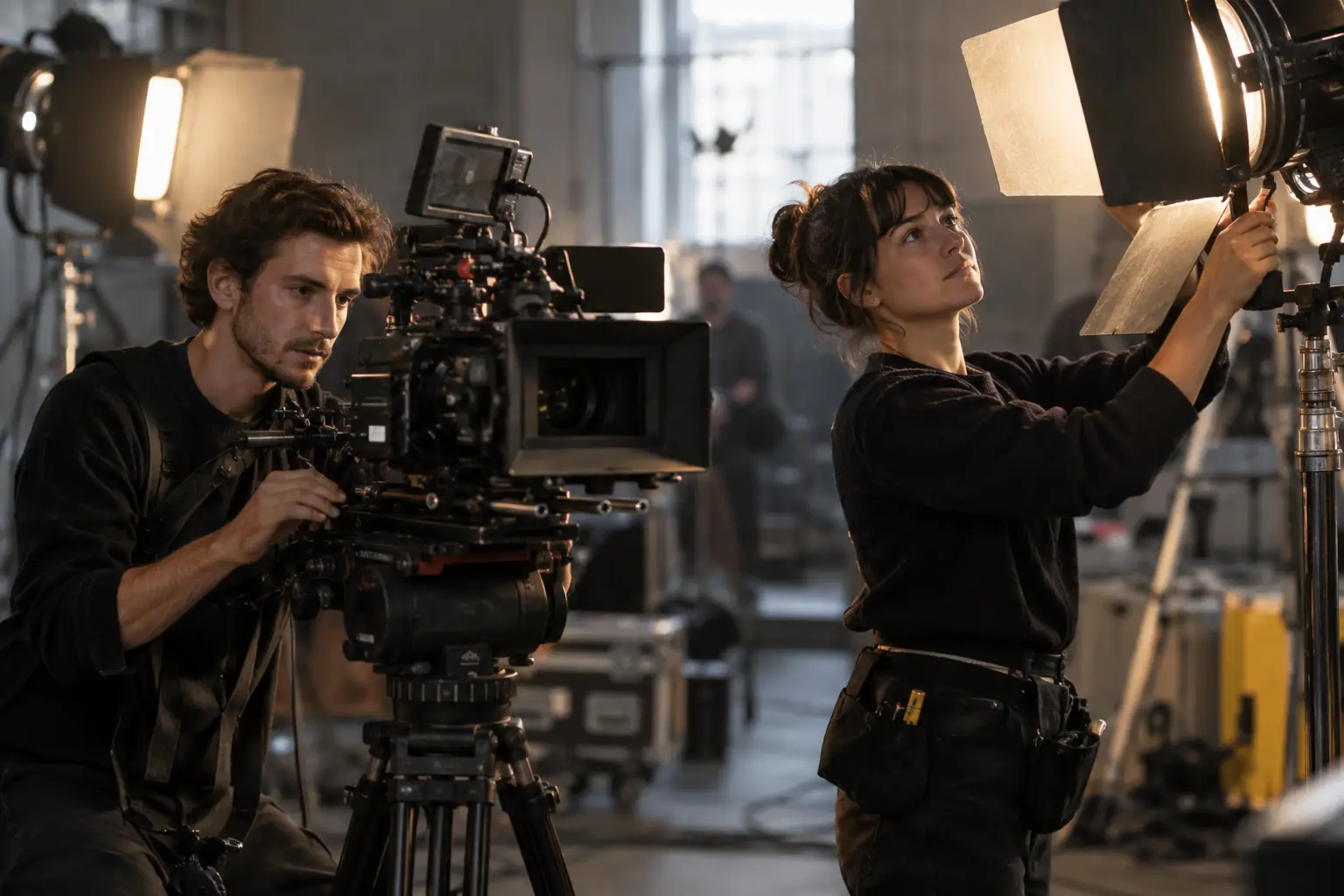Technicienne image réglant une caméra professionnelle sous les projecteurs d’un studio