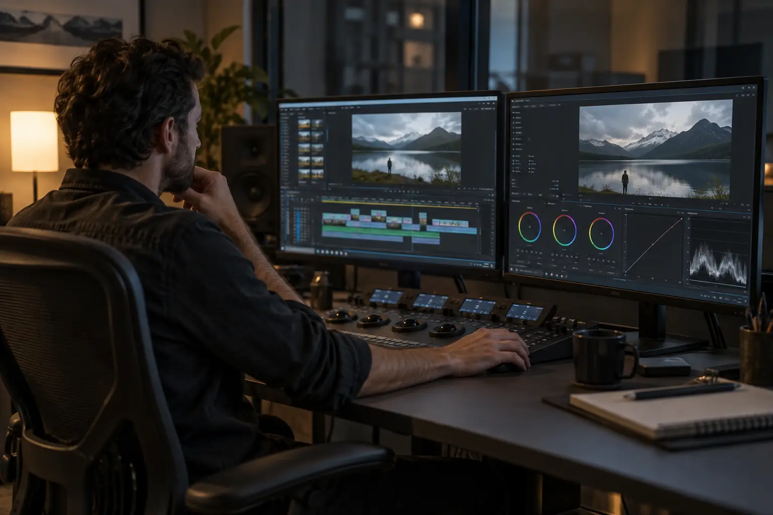 Monteuse audiovisuelle travaillant sur une séquence vidéo dans une salle de postproduction
