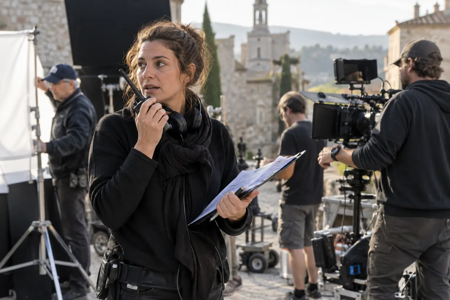 Coordinatrice de production organisant le planning d’un tournage audiovisuel sur un plateau