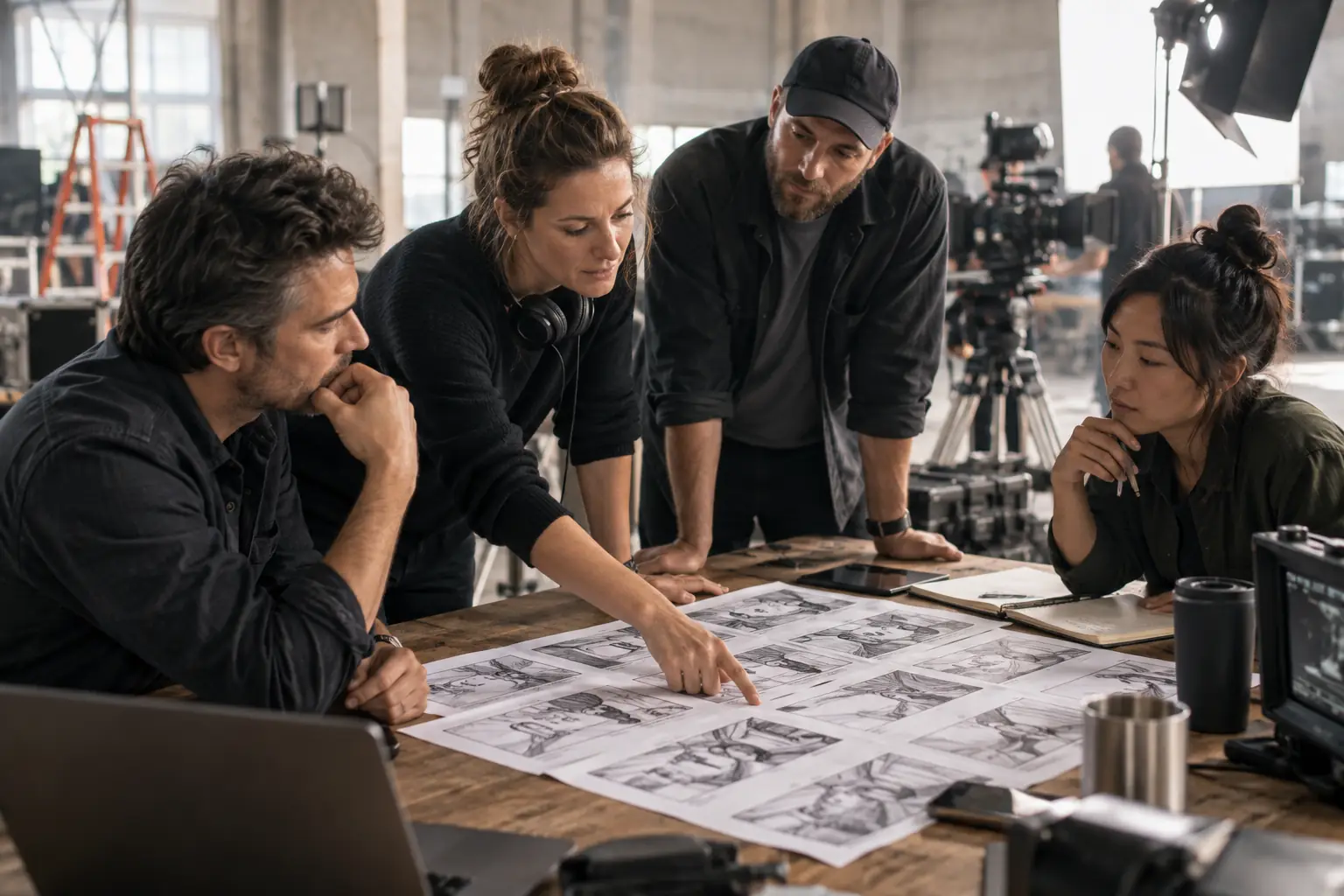Réalisatrice préparant un tournage à partir d’un scénario et de plans illustrés