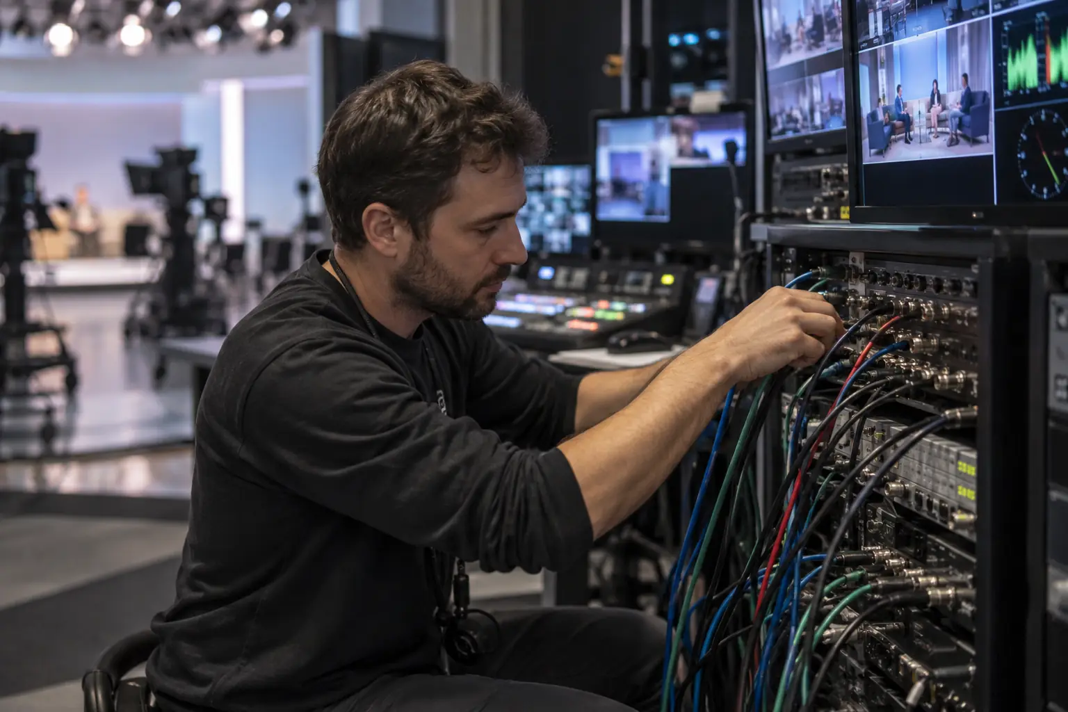 Technicien audiovisuel vérifiant les connexions d’une régie de diffusion professionnelle