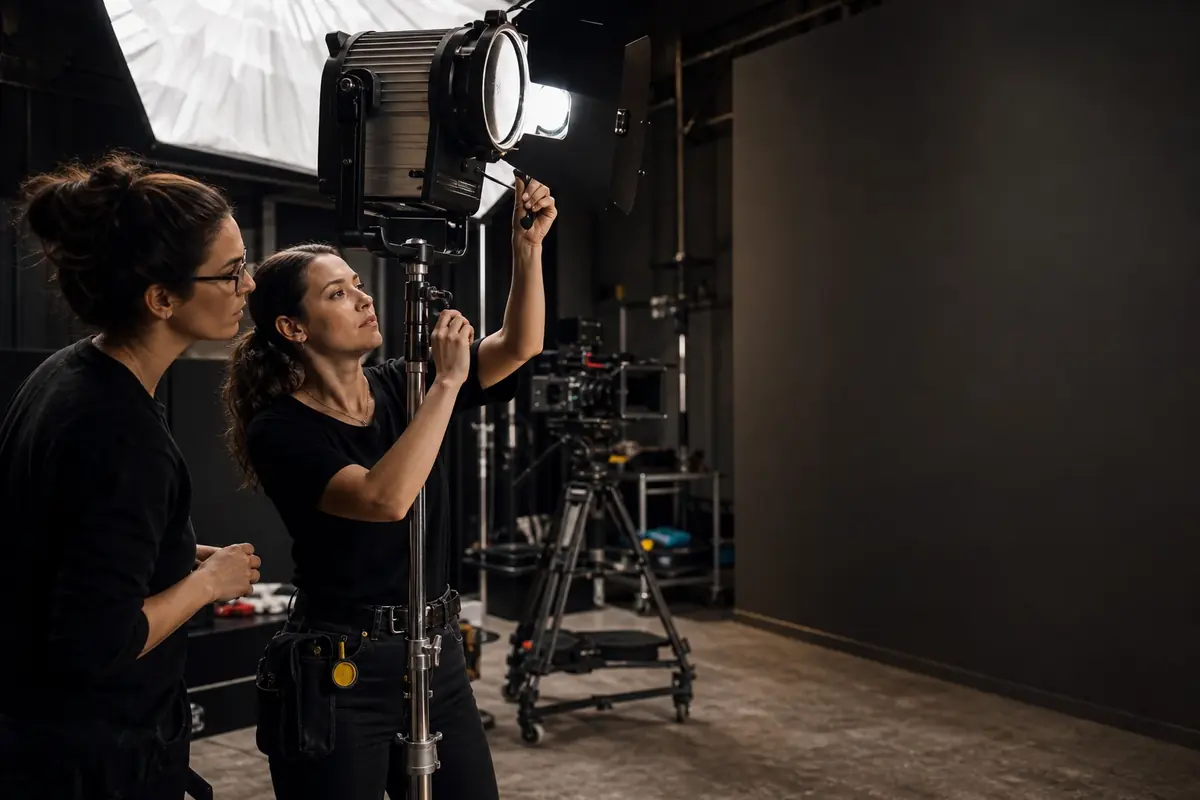 Professionnelle en formation réglant un projecteur avec une tutrice dans un atelier audiovisuel