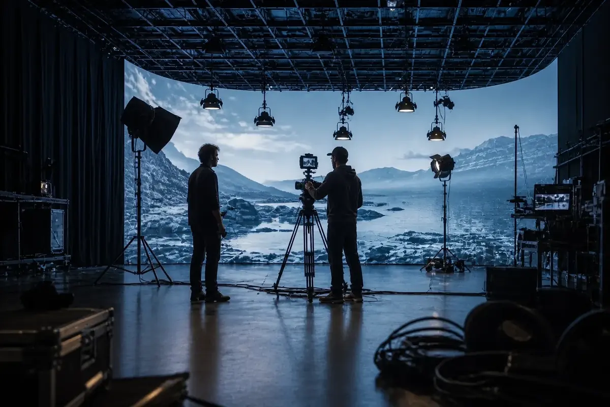 Techniciens préparant un plateau de production virtuelle