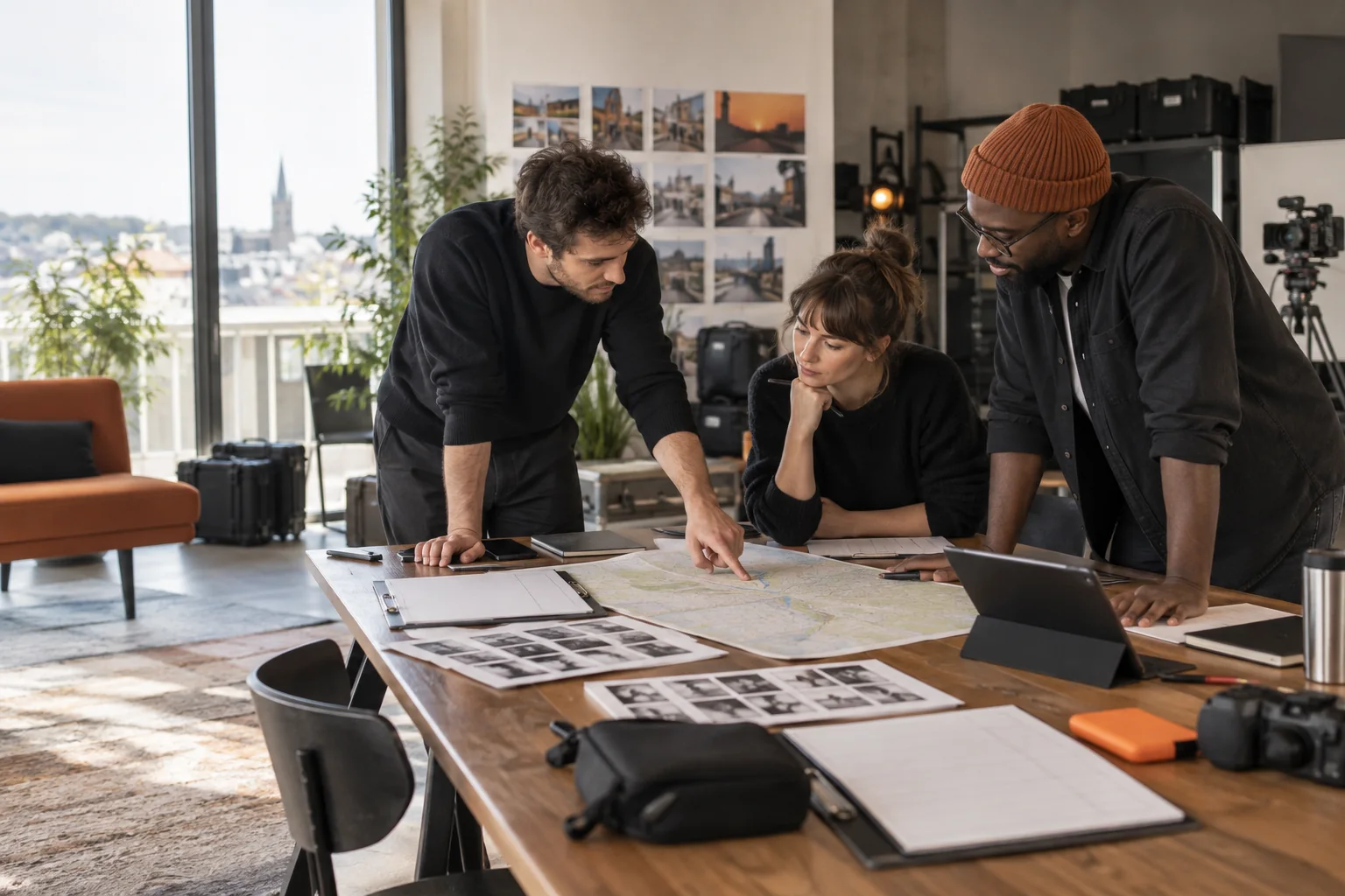 Équipe de production préparant un tournage à partir d’une carte, d’un planning et de références visuelles