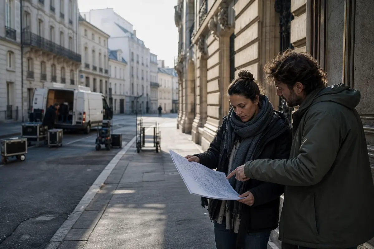Repéreur et responsable de production préparant un tournage