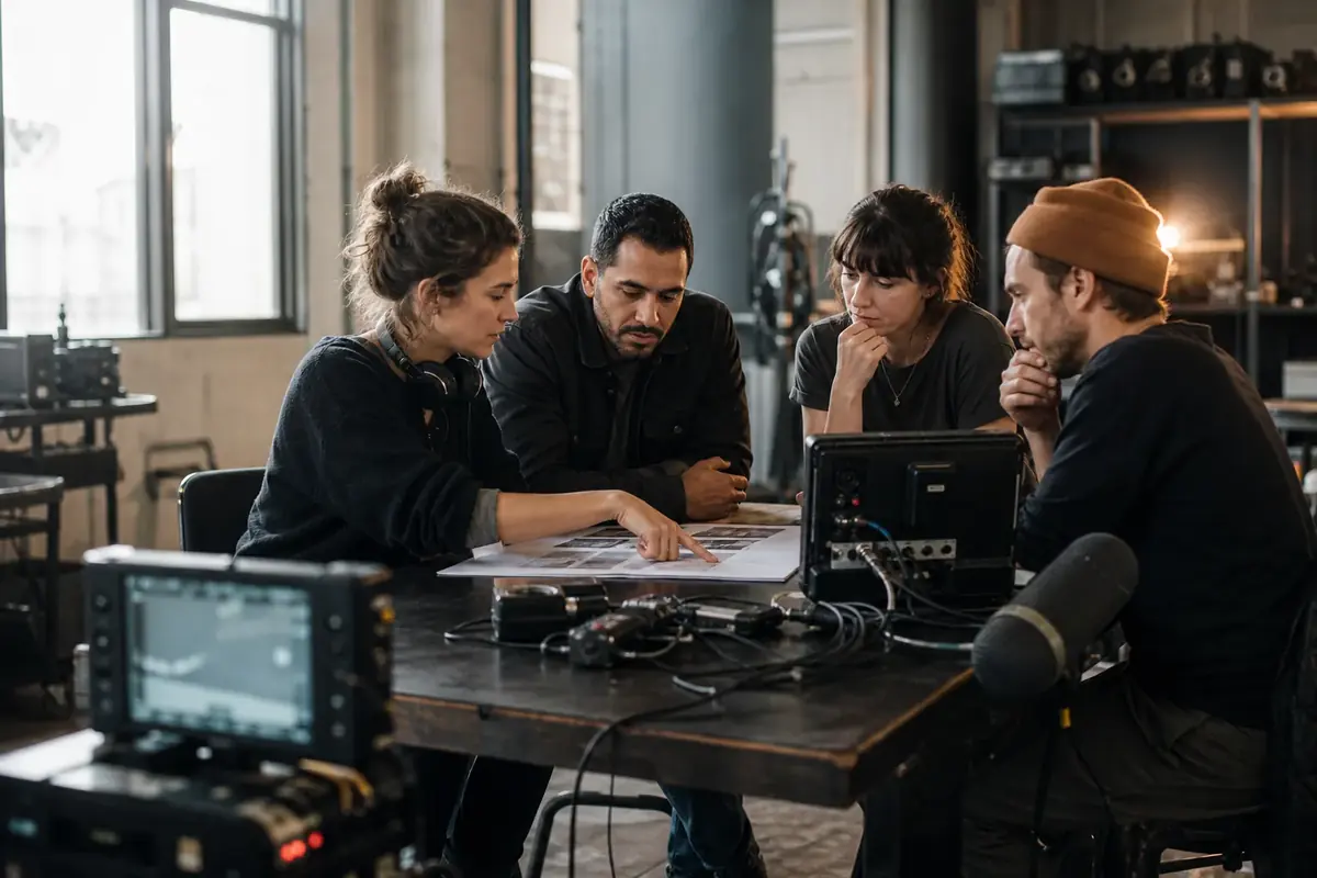 Équipe image et son préparant collectivement un projet audiovisuel