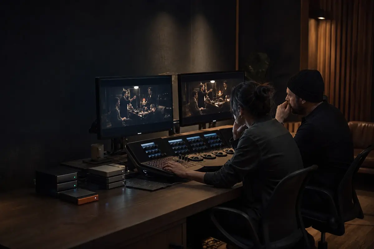 Coloriste et technicien image examinant une image de tournage en postproduction