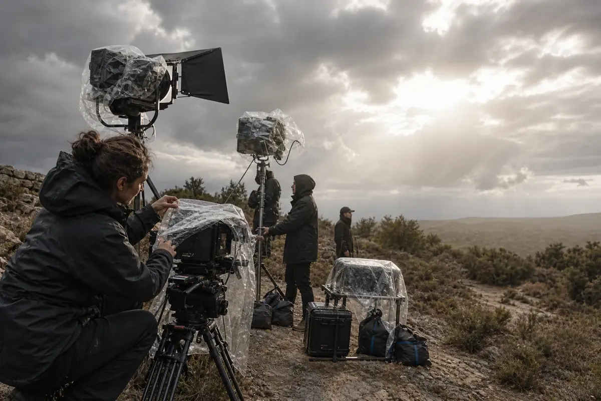 Équipe technique protégeant une caméra et des projecteurs lors d’une éclaircie sur un tournage extérieur