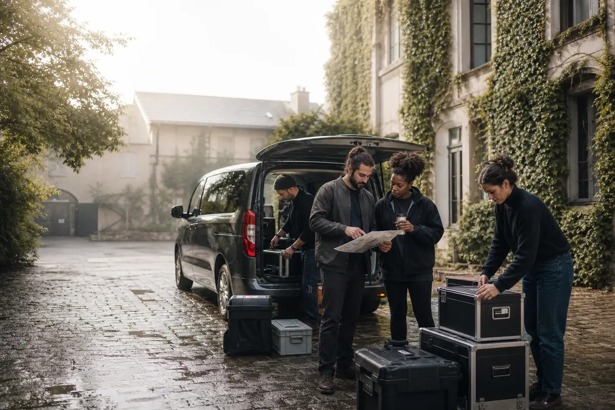 Équipe de tournage préparant les déplacements autour d’un minibus et de caisses de matériel