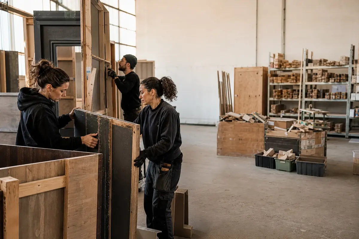 Techniciennes démontant des éléments de décor pour leur réemploi