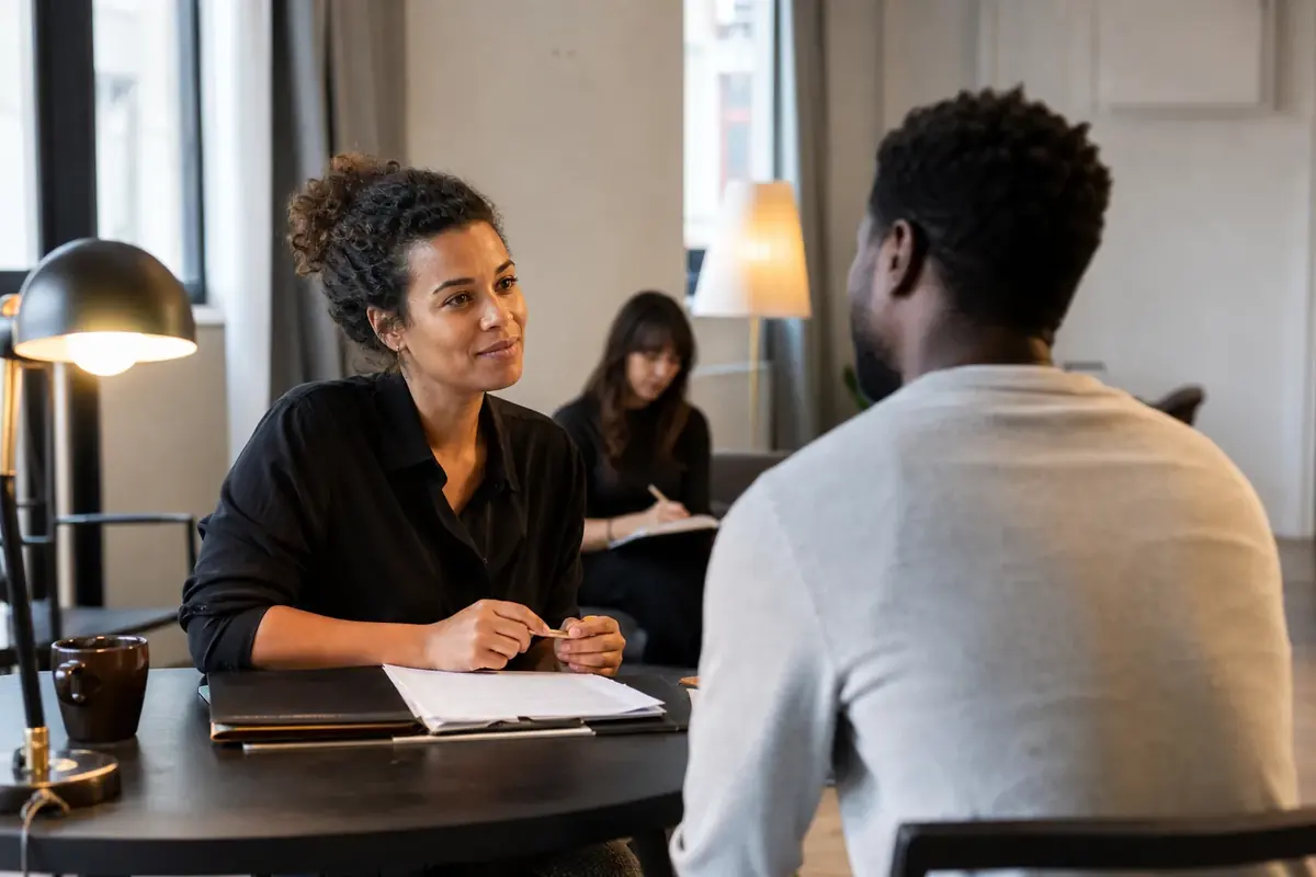 Directrice de casting échangeant avec un comédien
