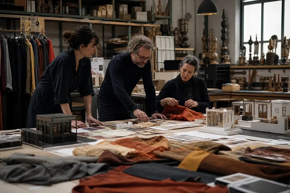 Équipe réunie dans un atelier de décors et costumes
