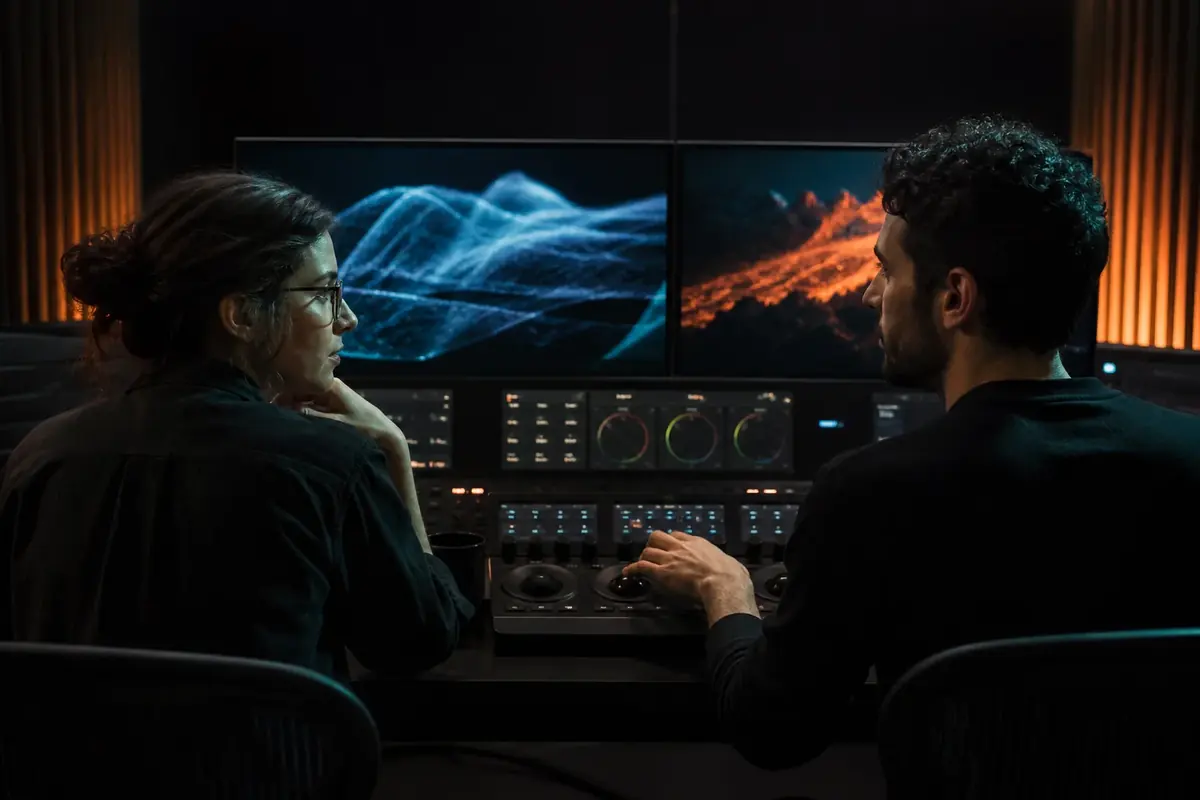 Monteuse et étalonneur dans une salle de postproduction