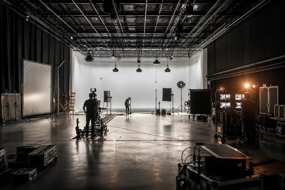Techniciens préparant un studio et son cyclorama