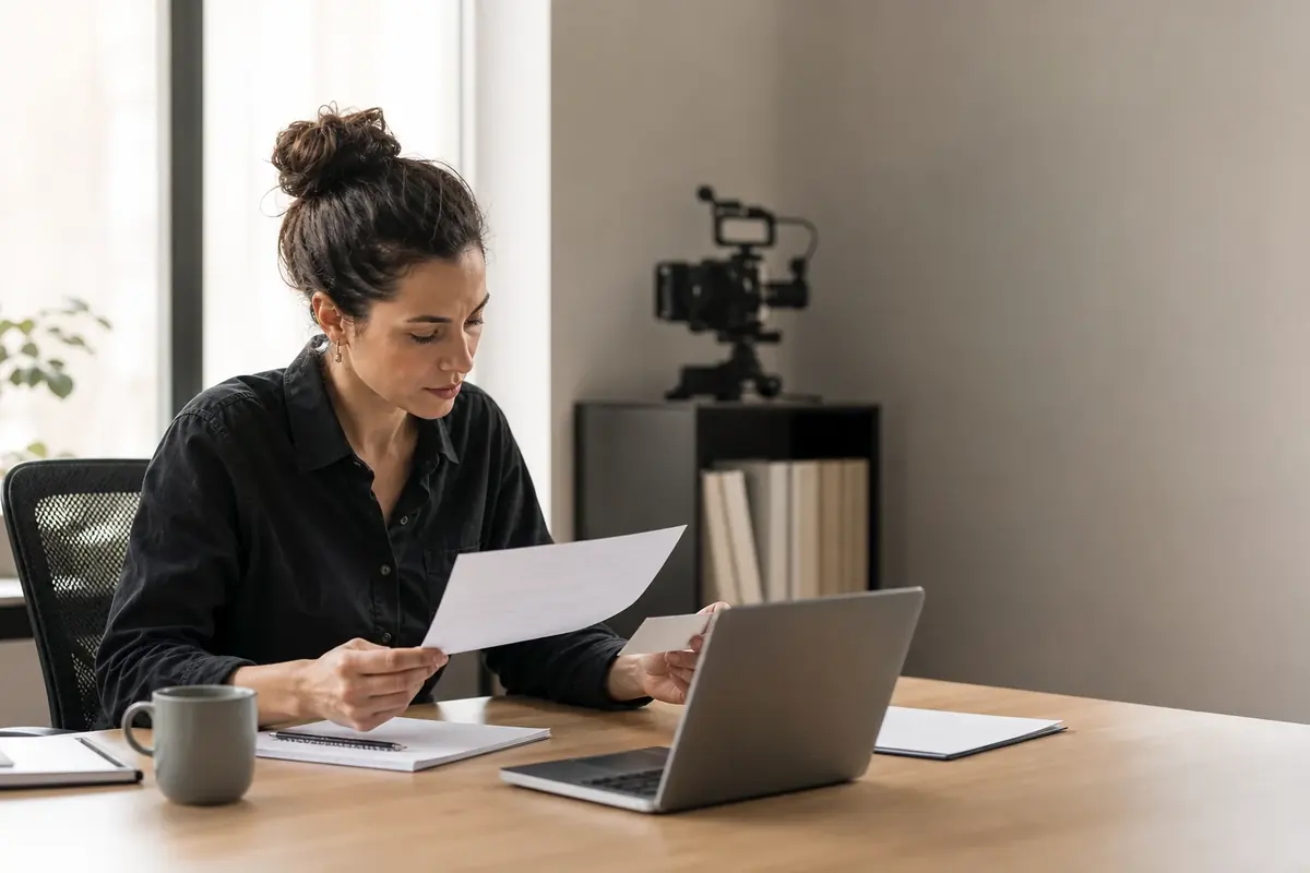 Personne vérifiant les informations d’une fiche professionnelle à son bureau