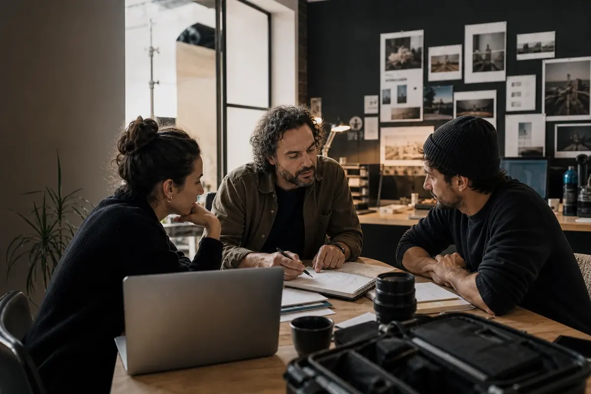 Équipe audiovisuelle échangeant autour d’un plan de tournage dans un bureau