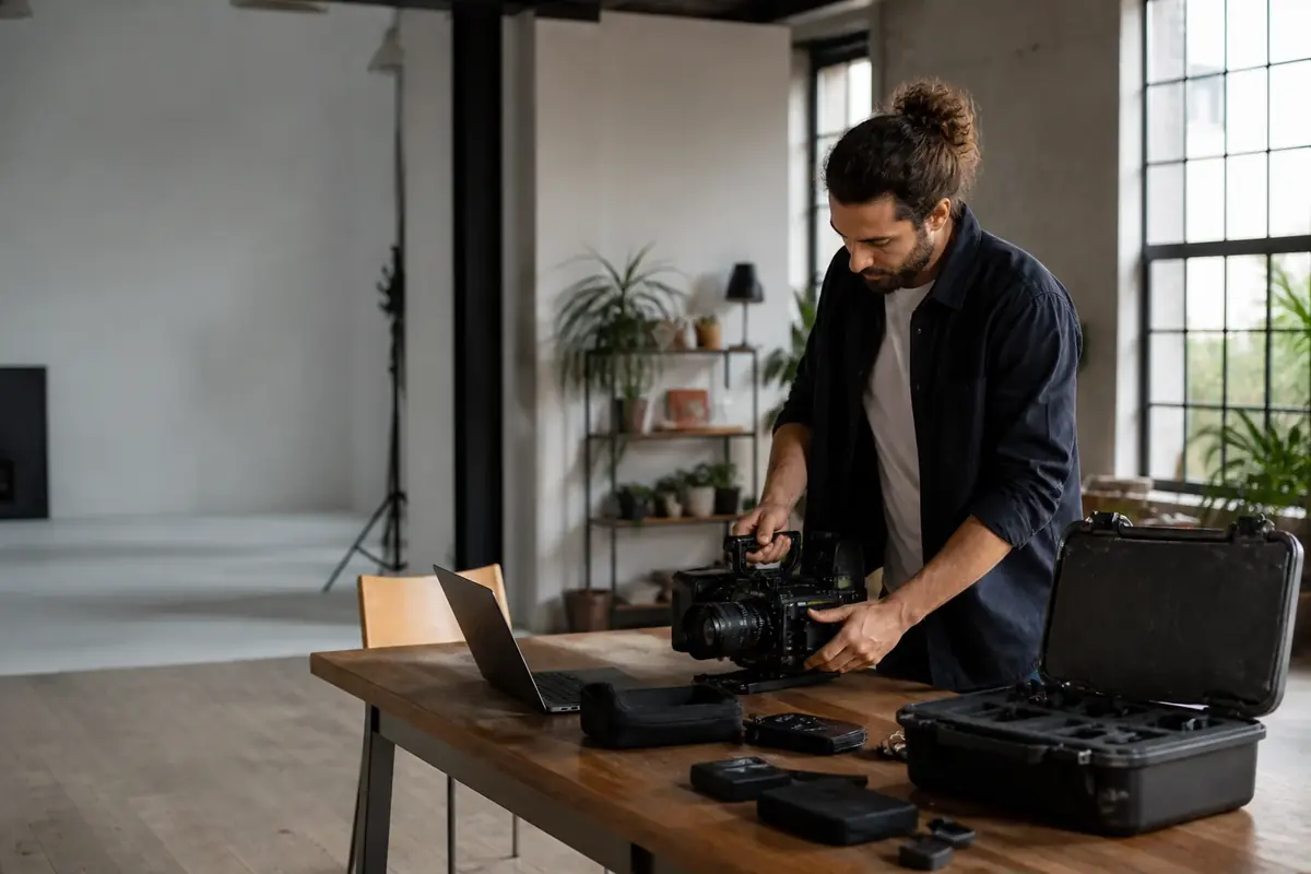 Professionnel de l’audiovisuel préparant son portfolio dans un studio lumineux